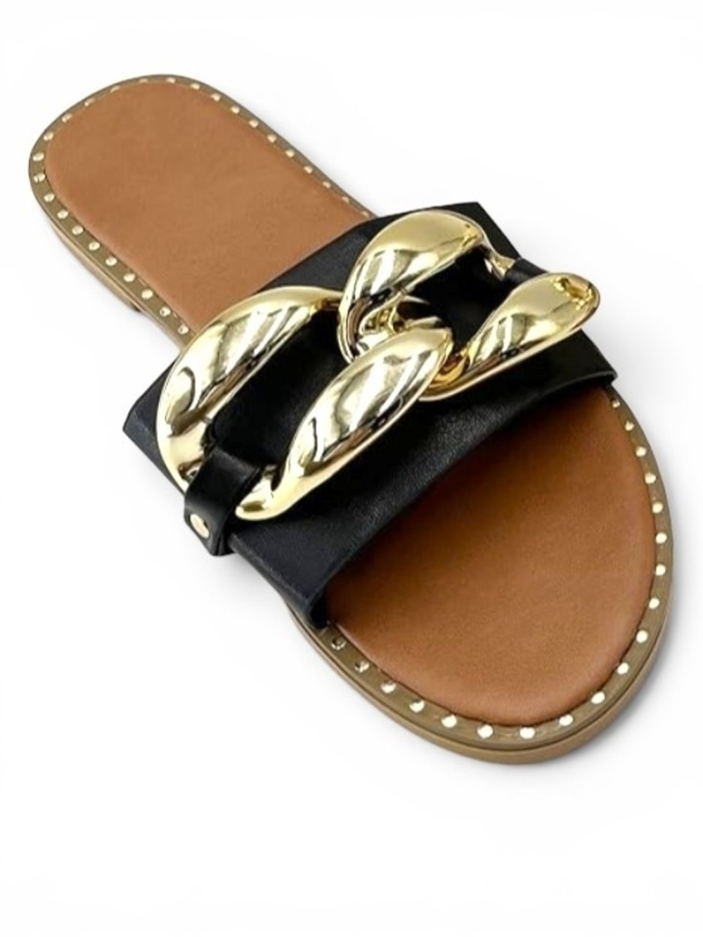 Gold Chunky Chain Link Flat Slide Sandals Black, Size 40 / US Size 10